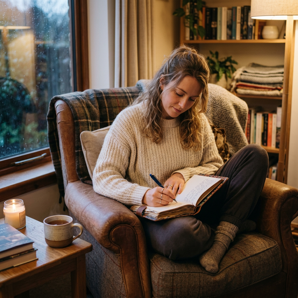 Woman writing in a journal beside a candle and tea on a rainy evening